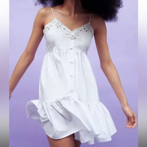 NWT Zara Spaghetti Strap EMBROIDERED POPLIN DRESS WHITE SHORT - Picture 1 of 8